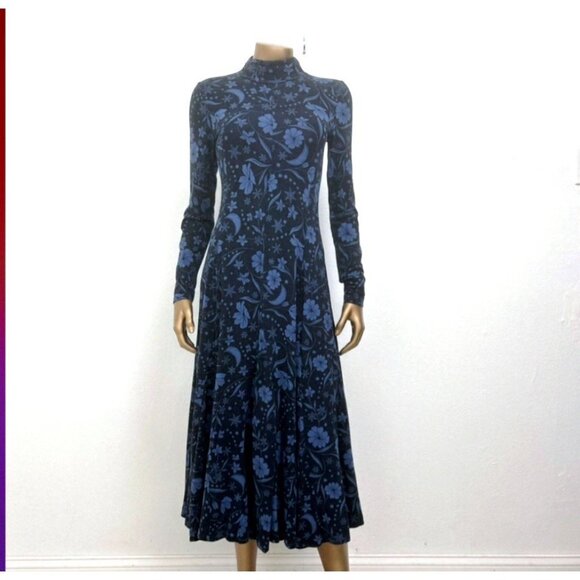 ANN TAYLOR LOFT $120 Blue Mock Neck Moon Floral Stretch Maxi Dress Size Size XS - Picture 2 of 9